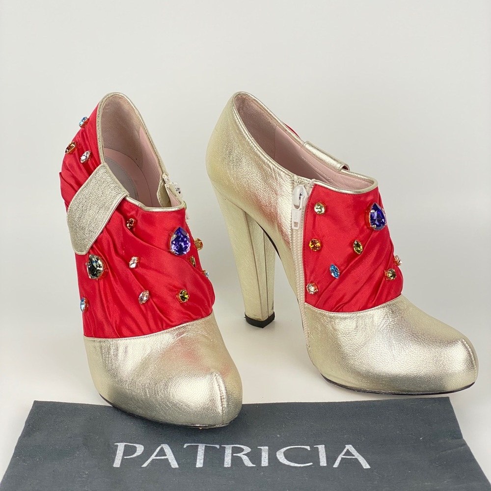 Patricia Rosales Gold Leather Red Satin Swarovski Jewel Embellished Ankle Boots